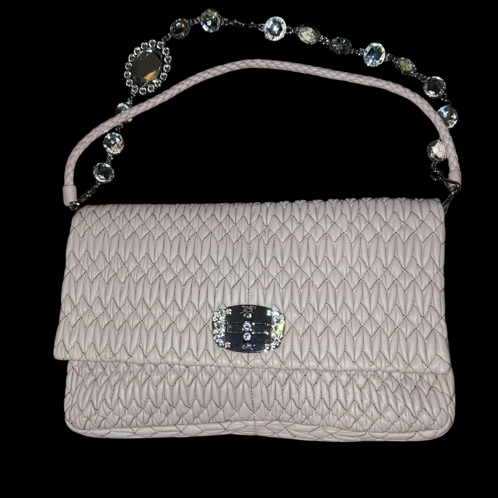 Miu Miu Nappa Matelasse Crystal Flap Clutch Cammeo